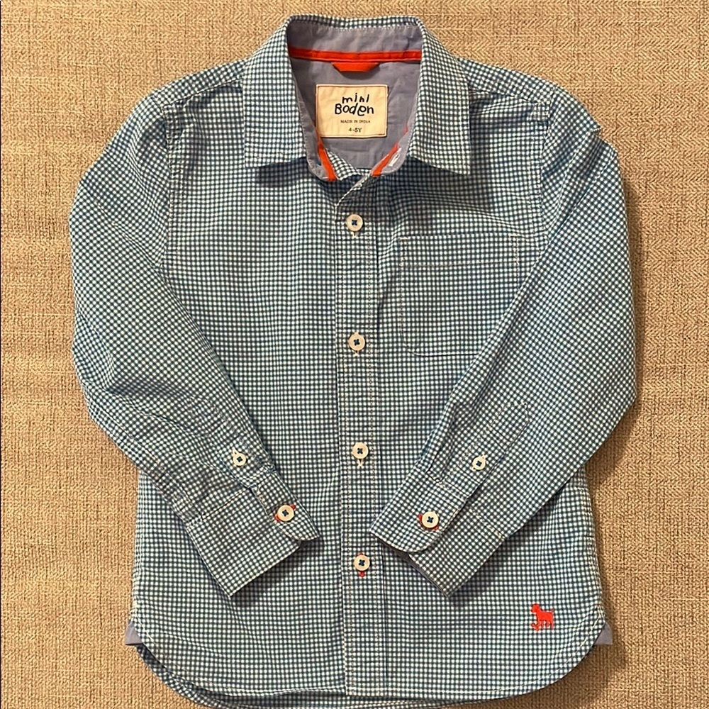 Mini Boden blue and white micro-gingham button down shirt, size 4-5 years